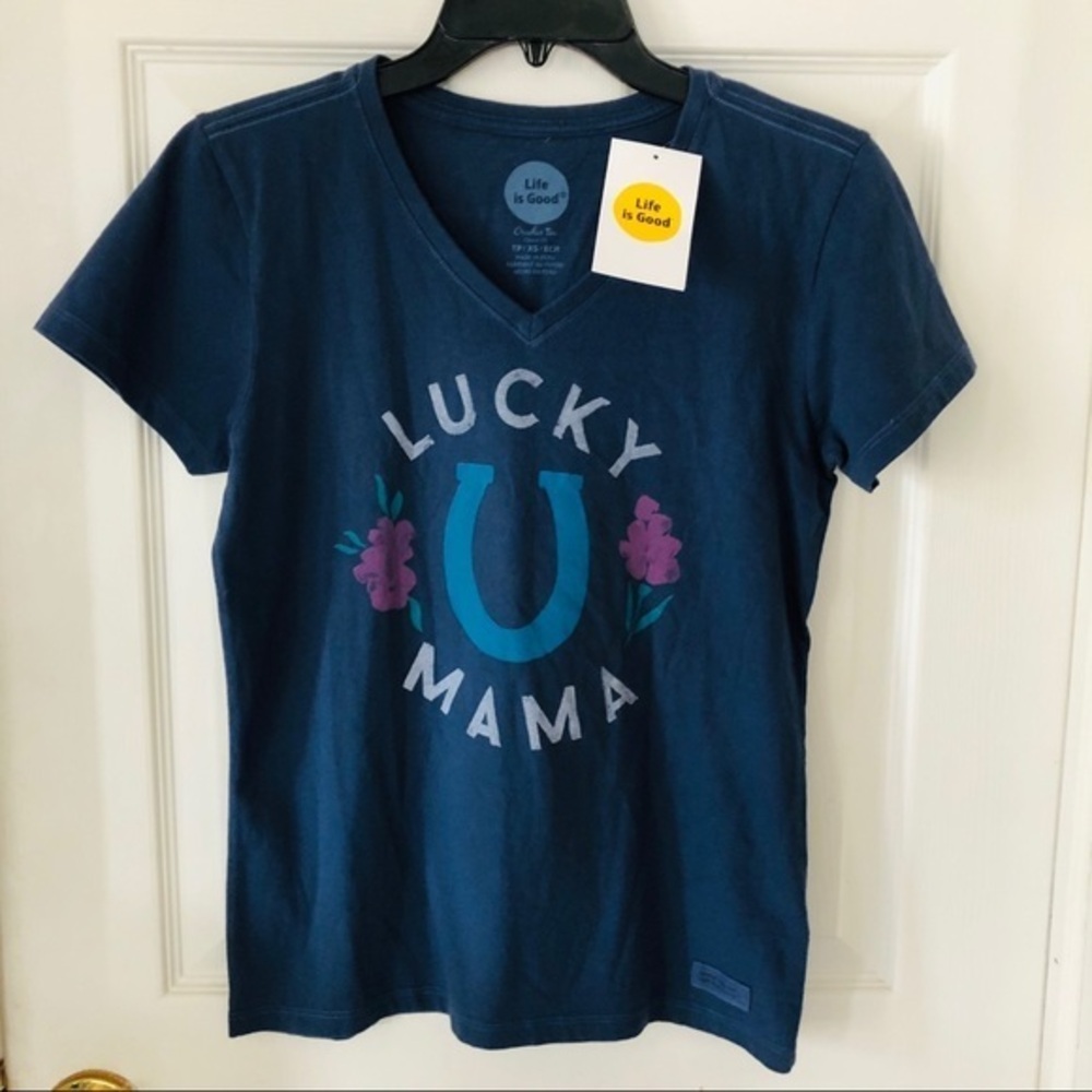NWT LIFE IS GOOD navy horse shoe lucky mama classic fit cotton shirt Size XS